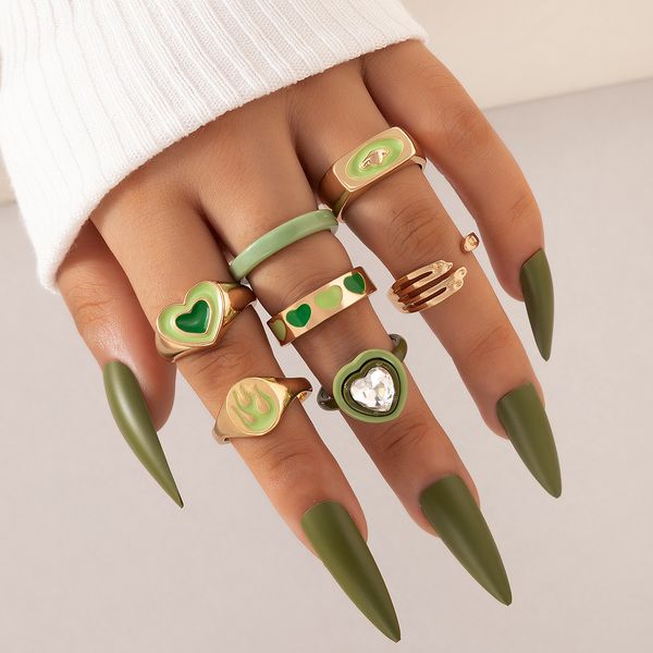 INS Trendy Green Heart Cora￧￣o Conjuntos de Anel para Mulheres J￳ias de Festa de Crist￣o de Cristal Pedra J￳ias de Partema Anillo 7pcs/Conjuntos