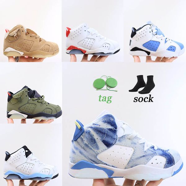 Designer Kids Basketball Shoes 6s 6s British Khaki Cactus Jack Hare Hare Red Oreo Sport Blue Tinker UNC UNC jeans lavados meninos meninas tênis Treinador esportivo Tamanho 26-35