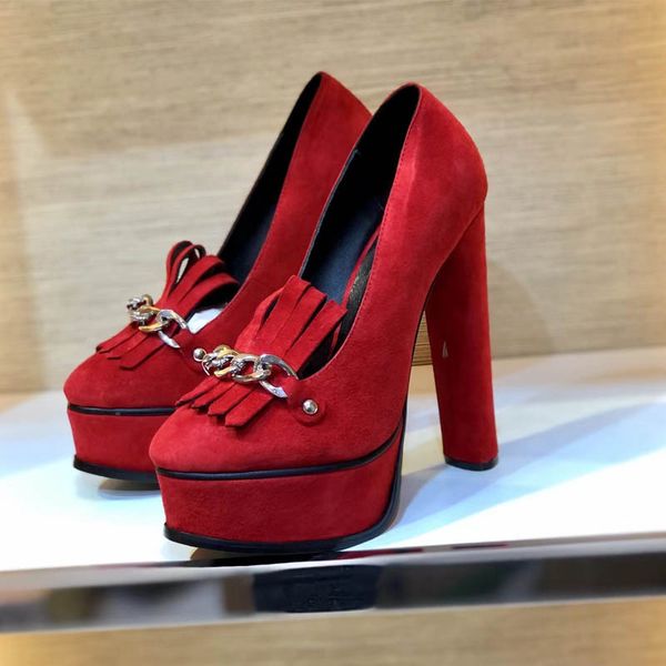 Senhoras de luxo designer plataforma salto alto vestido vermelho sapatos moda franja sexy apontou toe bombas couro genuíno 100%