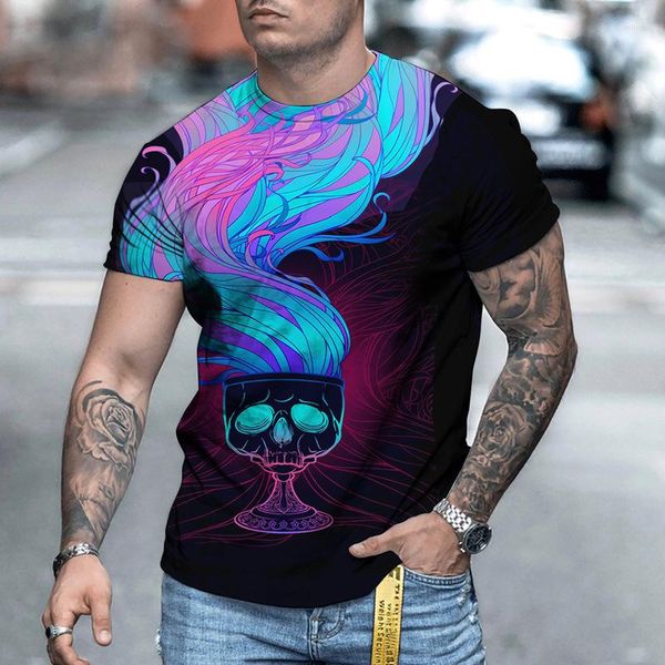 Camisetas masculinas de pescoço redondo Moda 3D Impressão de manga curta Top Summer Summer Flowing Street Wear Skull de camiseta listrada