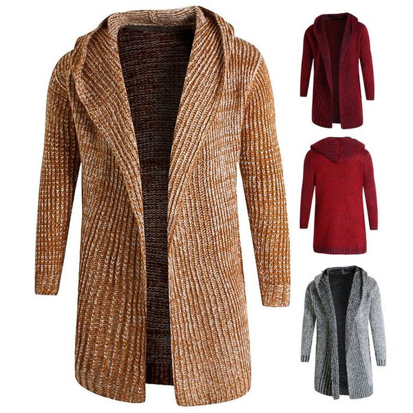 Misto lana da uomo Cardigan con cappuccio da uomo Cappotto maglione con cordino grosso Uomo Cardigan lungo con cappuccio Felpa con cappuccio Autunno Inverno Cappotti lavorati a maglia caldi Colore puro 220915