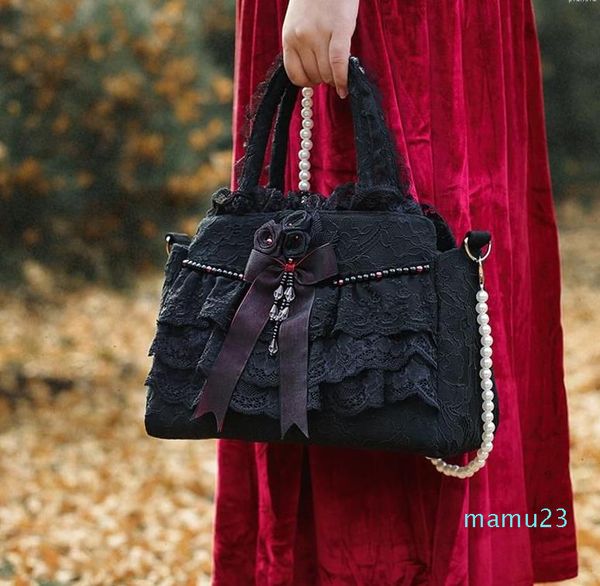 Evening Bags Vintage Royal Court Trend Gothic Lolita Black Lace Pearl Chain Bag