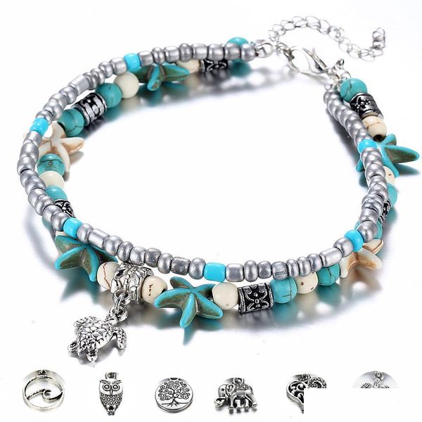 Tornozeleiras boêmios Tartaruga estrela do mar Tartaruga para mulheres Boho Elephant Owl Wave Charme Bordas Pulseira Cadeia de Cadeia de Pedra