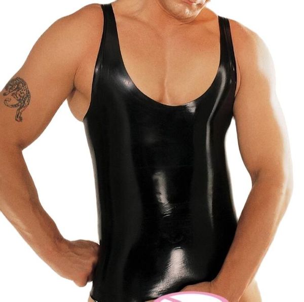 Moda Catsuit Costumi PVC Faux Leather Un pezzo Lingerie maschile Uomo Top Tanks Gilet neri Maglietta canottiera colletto tondo esotico