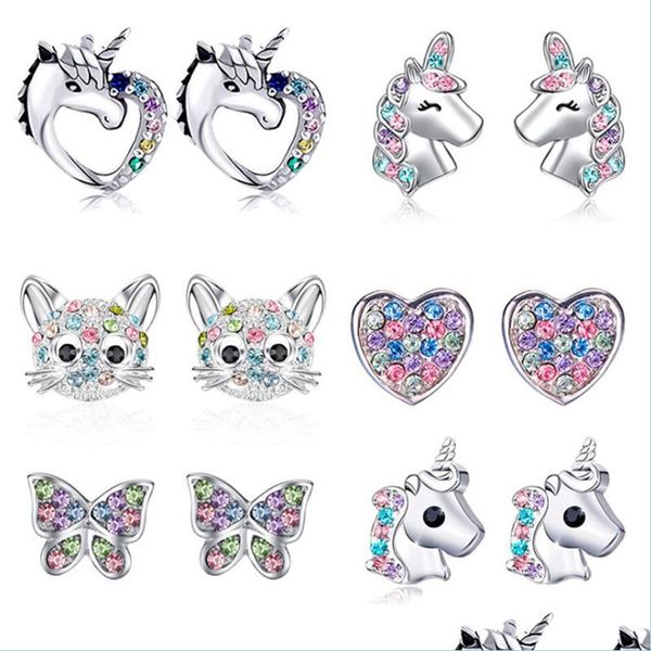 Ohrstecker Niedliche Ohrstecker für kleine Mädchen Kinder Kristall Katze Schmetterling Regenbogen Herz Stern Ohrring Weihnachtsgeschenk Schmuck Drop Lieferung 202 Dhhbd