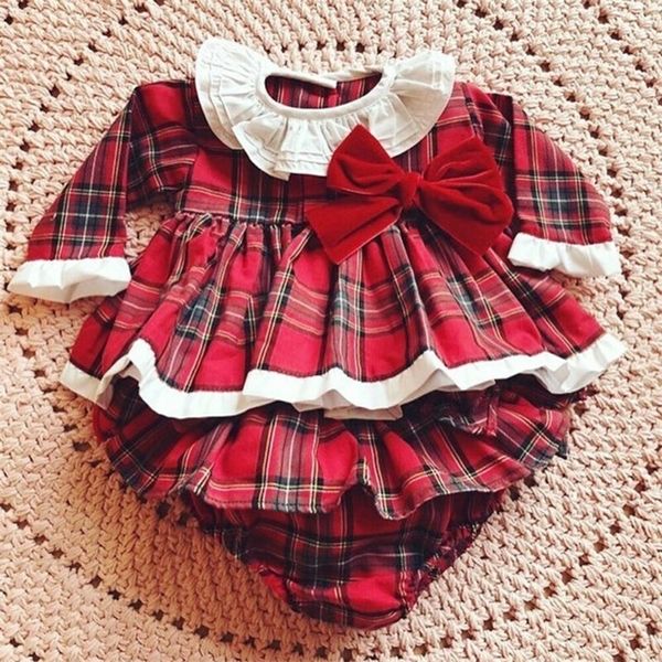 Set di abbigliamento Natale nato Bambino Neonata Vestiti Pagliaccetto di pizzo Abito Tuta Abito rosso Plaid con volant Manica lunga 220915