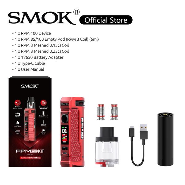 SMOK RPM 100 Kit 100W Vape Cihaz 6ml 0.15Ohm 0.23OHM RPM3 Kişisel Bobin Adımsız Hava Akışı Kontrol Sistemi ile Çocuk Dayanıklı Pod 100% Otantik