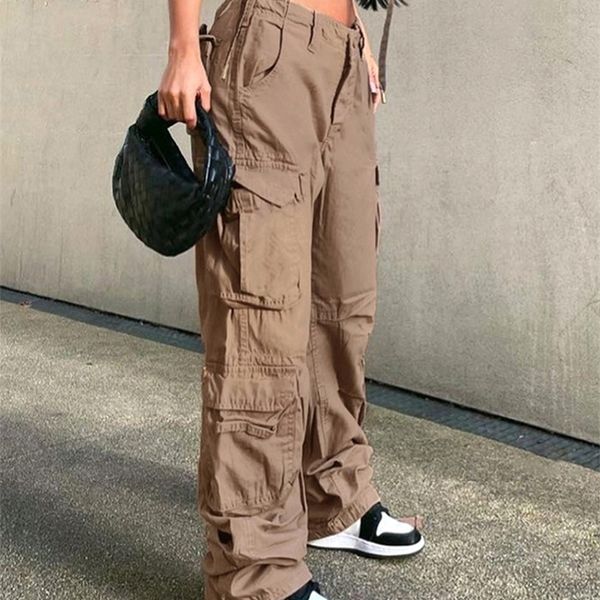 Pantaloni da donna Capris Rapcopter Ruches Tasche grandi Jeans cargo Pantaloni sportivi retrò a vita bassa Marrone chiaro Moda Streetwear Denim Joggers Donna 220915