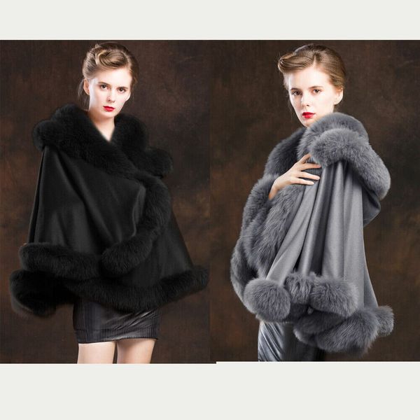 Cappotto in vero cashmere, sciarpe in pelliccia di volpe, mantello a poncho a tutto tondo, grigio nero