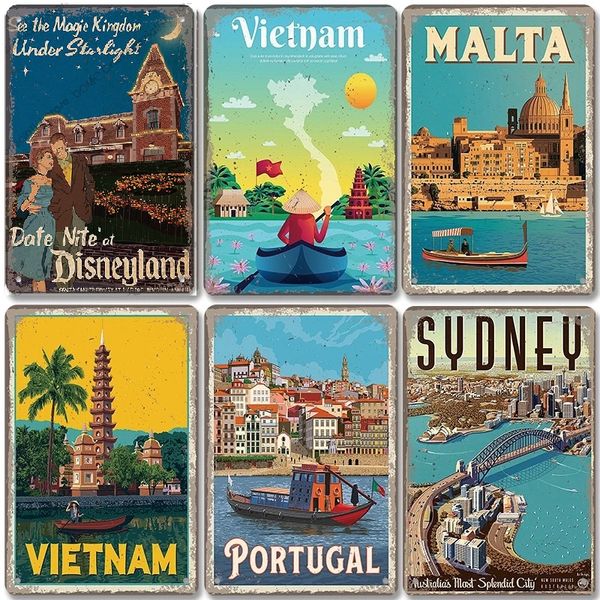 Vintage Famous City Landscape Metal Painting Poster Placa Placa Praia Sinais de Budapest Malta Sydney Tin Plate Decor retro para a sala de estar Tamanho da casa 20x30cm