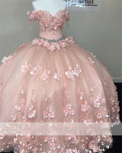 Baby rosa Blumen Quinceanera Kleider von Schulterkristallprinzessin süß 15 16 Kleider Geburtstag Prom Kleider Schnürung