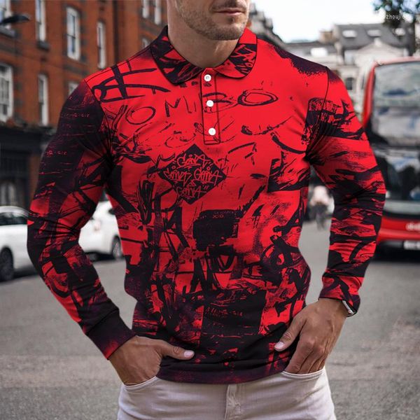 Herren Polos Herbst Winter Herren Langarm Revers Knopf Spritzfarbe 3D Digitaldruck Camouflage Reifer Mann Top Lässiger Stil