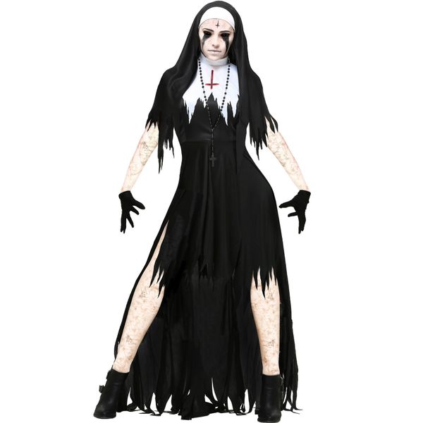 Sıradan Elbiseler Karnaval Cadılar Bayramı Lady Spooktacular Bloody Rahibe Kostüm Korkunç Günahkar Kız Kardeş rol Cosplay Süslü Parti Elbise