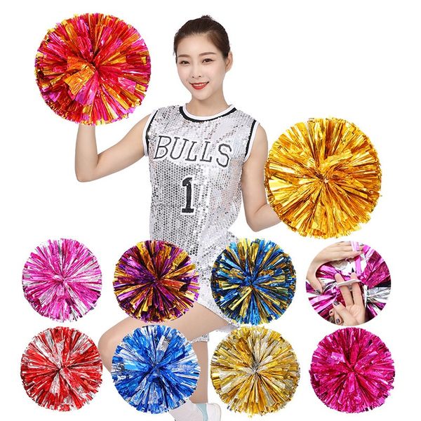 30cm Competi￧￣o Cheerleading Pom Poms Flow Ball Foil met￡lico e suprimentos esportivos de dan￧a de torcida port￡til de anel de pl￡stico