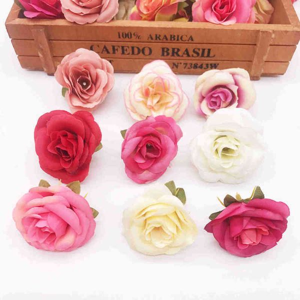 Faux Floral Greenery 10 peças 45cm Mini Rosos de seda rosa Cabeça de flor artificial para casamentos decoração de casamentos sapatos de casamento acessórios artesanato flores falsas j220906