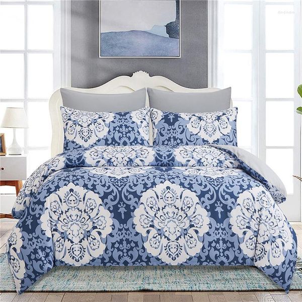 Set di biancheria da letto Oentyo Set copripiumino elegante per la casa Copriletto blu sul letto Trapunta gotica a doppia faccia Euro Coperture di lino Lusso
