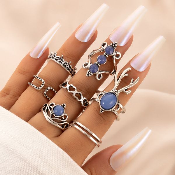 Bohemian Blue Rhinestone Elk Animals 7pcs/set Anello per donna Hollow Heart Crown Silver Color Geometry Jewelry