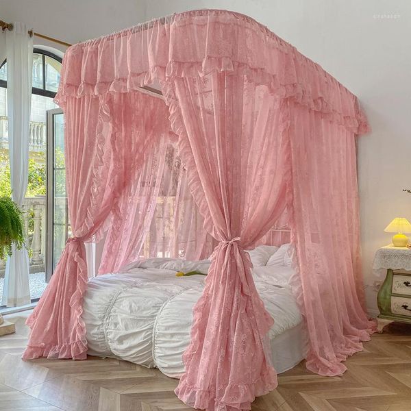 Moskitonetz, luxuriös, rosa, weiß, Prinzessin, Spitze, Bettvolant, U-förmige Schiene, geeignet für 1,5 m, 1,8 m, 2 m, Doppelbett-Schlafzimmer-Dekoration