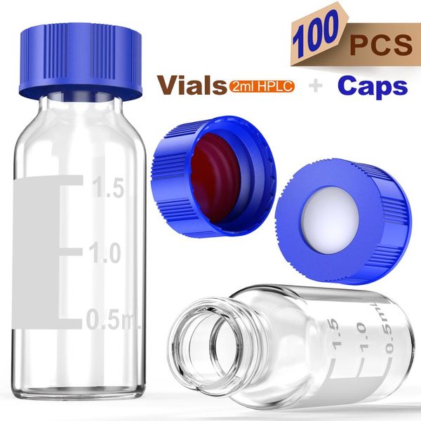 Laboratório de laboratórios OMSOMPRER AUTOSSPLER 2ML Garrafas de frasco de vidro transparente com ponto de gravação e tampas de parafuso ABS de 9 mm 100pcs