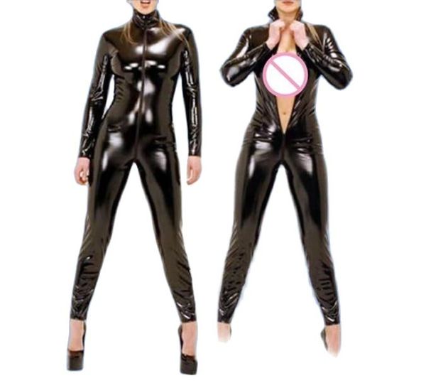 Mode Girls CatSuit Kostüme PVC Faux Leder-Overalls sexy Bodysuit Strumpfhosen Anzug Insgesamt Uniform mit 3-Wege-Front Reißverschluss zu Hüfte