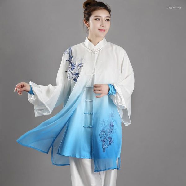 Abbigliamento da palcoscenico Ricamo Fiore Blu Uniforme tradizionale cinese 3 pezzi Abito Tai Chi Esercizio mattutino Abbigliamento Wushu Set di arti marziali