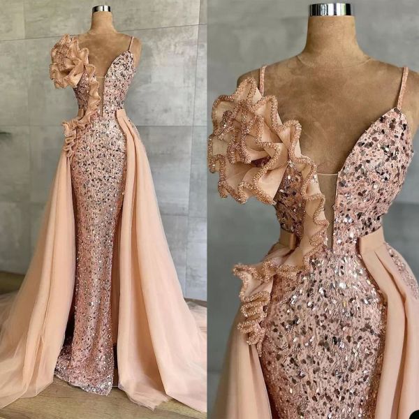 2023 erröten rosa Pailletten Ballkleider Sexy Blume abgestufte Rüschen Abendkleider Partykleid Robe für besondere Anlässe