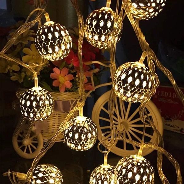 Weihnachtsdekorationen, LED-Kugel, Lichterkette, marokkanische Kugel, silberne Metallkugeln, Lichterkette, EU-Stecker, Stromversorgung, 6 m, 10 m, Feiertagsparty-Dekoration für Weihnachten 220916