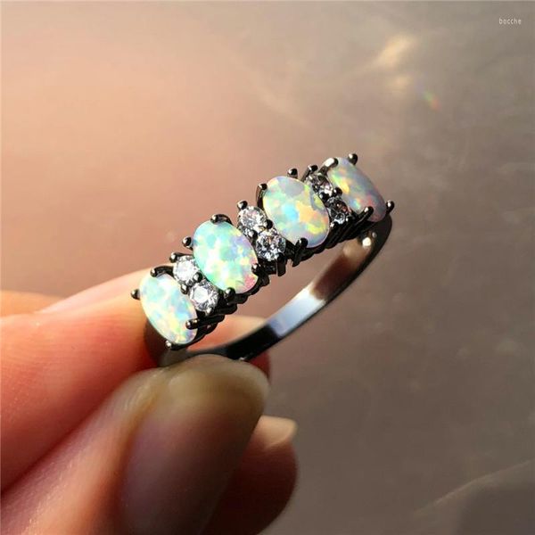 Eheringe Vintage Weiblicher Weißer Opal Stein Ring Einfache 14KT Schwarzgold Braut Oval Kristall Verlobung Für Frauen