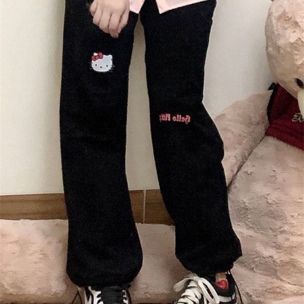 Kadın pantolon capris qweek kawaii jogging eşofmanları kadın harajuku büyük boy karikatür baskı siyah joggers spor pantolon yumuşak kız tarzı pantolon femme 220916