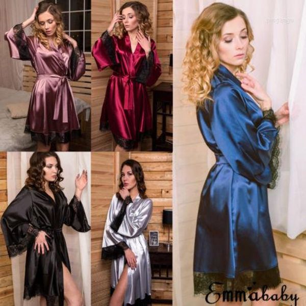 Kadınların Sweetwear Seksi iç çamaşırı bornozu Kadın İpek Saten Gelin Elbise Düğün Kimono Boşluk Nightwear