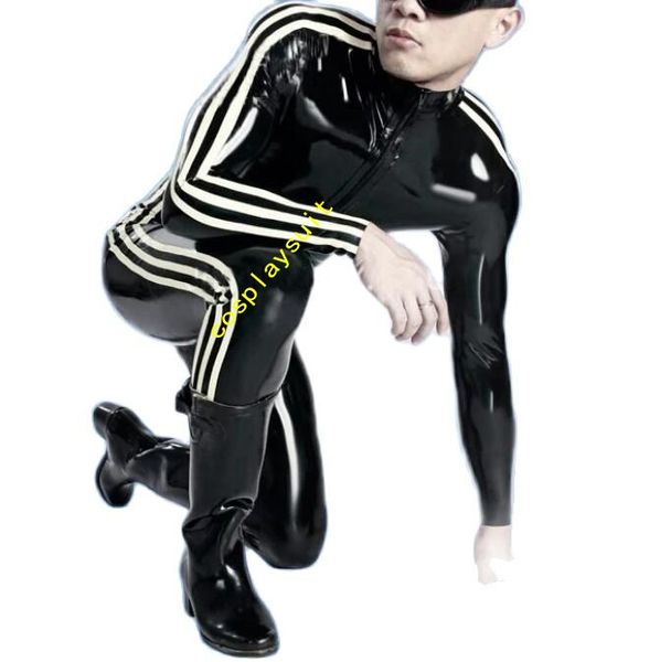 Mode Catsuit Kostüme PVC Faux Leder-Lotard Sexy Kleidungsstück für männliche enge Overalls mit weißen Streifen 3-Wege-Front Reißverschluss zu Hüfte