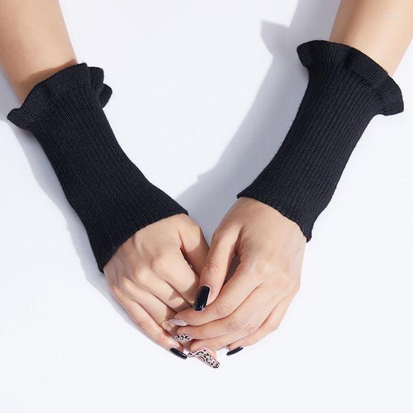 Knieschützer im koreanischen Stil für Damen, gerippt, gestrickt, mit gefälschten Ärmeln, Manschetten, einfarbig, für den Winter und Herbst, Armstulpen, Stretch, Rüschen, fingerlose Handschuhe