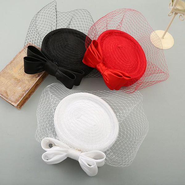 Berets Retro Big Bowknot Frauen Fascinator Hut Fedora Elegante Damen Hochzeit Party Stirnband Haar Clips