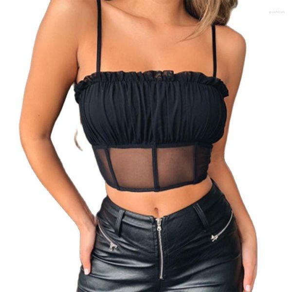 Frauen T-Shirts Sommer Mode Camis Frauen Schwarz Sexy Spaghetti Strap Mesh Leibchen Weibliche Chiffon Rüschen Kurze Weiße Weste Top