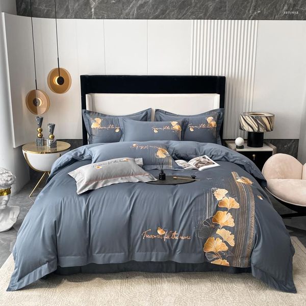 Bedding conjuntos de cama de luxo ginkgo folhas de bordado 1000tc egípcio conjunto de algodão/brechas de capa de edredom egípcia travesseiro de linho do edredom