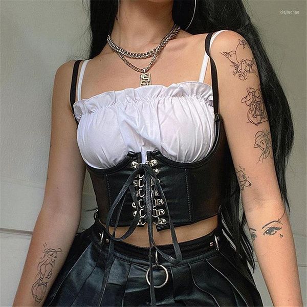 Bustiers Corsets Women Sexy PU Leather Corset Goth Punk Lace-Up Bandage Black Bustier Streetwear Underbust Support Braces Shaper Top Top