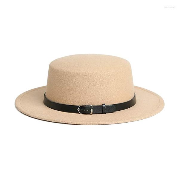 Berretti Cappello a cilindro piatto in lana Fedora con visiera da donna Cappellino con cintura Jazz Bowler Panama all'ingrosso