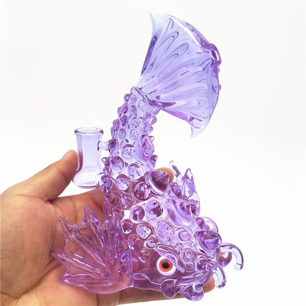 Glass Water Bong DAB Rig Hookah Cat pesce forma 14,4 mm femmina Mini Rigs viola Pigs CCG per fumare Accessorio banger di quarzo Craftbong Perc