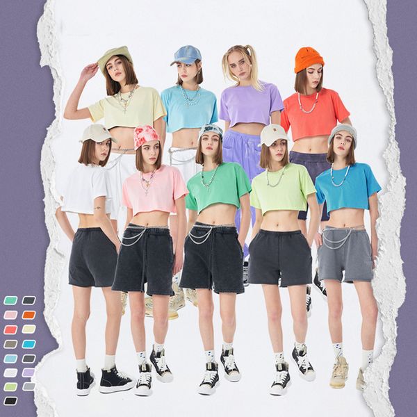 2022 Yaz 15 Renk Düz Renk Üstleri Kadınlar İçin Tişörtler Kısa Kollu High Street Ins Style Hip-Hop Mahsul Tee Tshirts N002