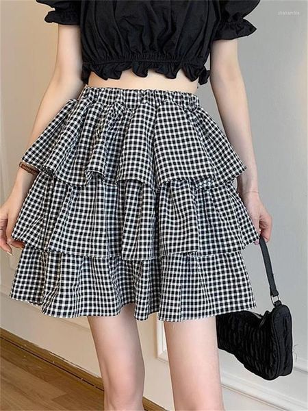 Röcke Mode Plaid Mini Kawaii Patchwork Drei-schicht Rüschen Weiß Hohe Taille Kurzen Rock Frauen Sommer Harajuku Nette Weiche girlSkirts