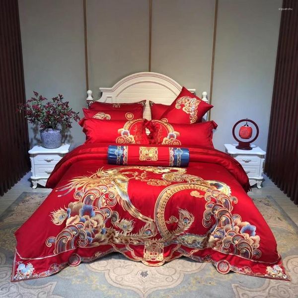 Set di biancheria da letto Set da sposa di lusso 100S Cotone egiziano Oro cinese Loong Phoenix Ricamo Copripiumino Copriletto Biancheria da letto Federa