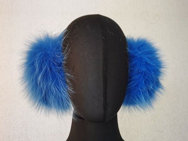 Paraorecchie in vera pelliccia di volpe, paraorecchie caldo invernale, soffice e morbido, cerchio di pecora blu
