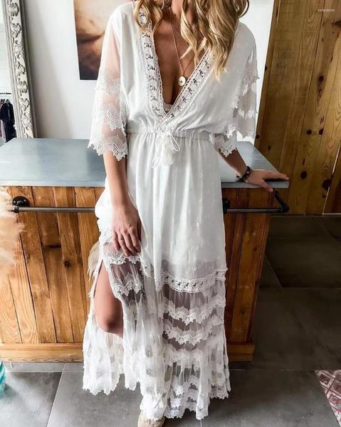 Lässige Kleider 2022 Damen Boho Maxikleid Stickerei weiße Spitze Tunika Strandurlaub für Frauen