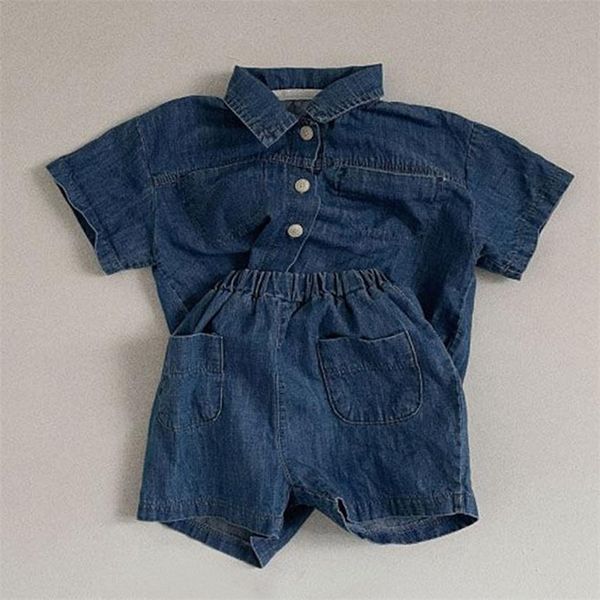 Kleidungssets Jungen und Mädchen Kurzarm-Jeanshemden Strickjacke Tops Kinderanzüge Sommer Baby Mädchen Shorts Anzüge Mode zweiteiliger Anzug 220916