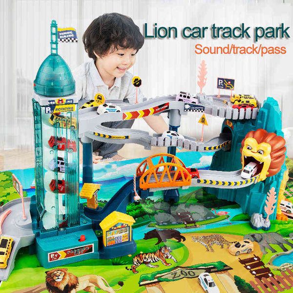 Diecast Model s Animal Lion Dinosauro elettrico Binario curvo Rail Car Puzzle Adventure Winding Road Drive Giocattoli per bambini 0915