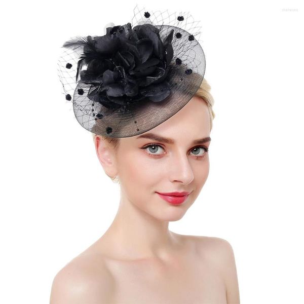 Berretti da donna Fascinator Cappello Piume Accessori per capelli Cocktail di fiori Copricapo da sposa con fascia per capelli Tea Party Maglia elegante