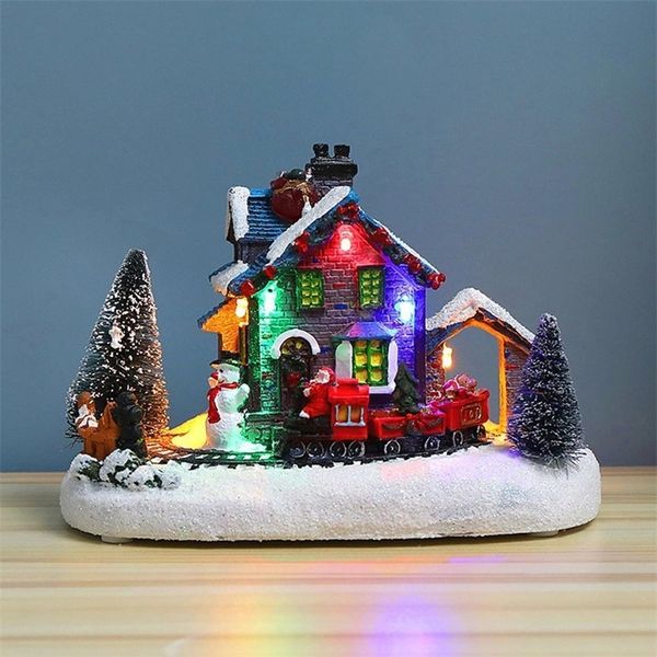 Weihnachtsdekorationen, LED, leuchtende Weihnachtsdorf-Szene, Ornamente, Haushaltsdekorationen, leuchtendes Kunstharz, Kunsthandwerk, Winterhaus, Weihnachtsmann, Schneemann, Zug 220916