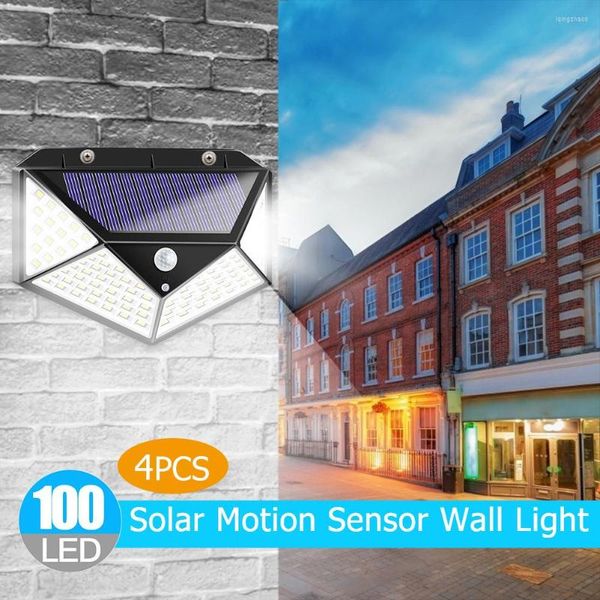 2pcs 100 led de parede solar luminária externa à prova d'água de luz ampla e ampla luzes de movimento Modos de trabalho Deck Garage Grushway