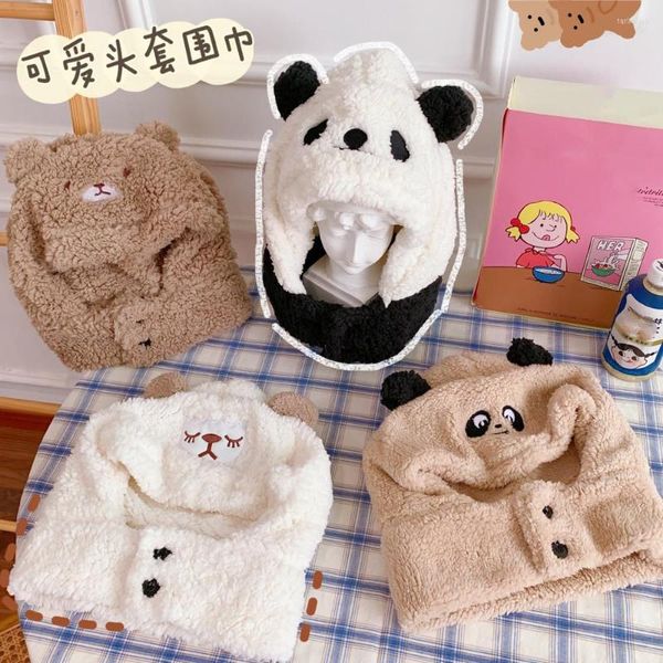 Berretti Inverno Simpatico Cartone Animato Animale Peluche Orecchio di Pecora Cappelli Sciarpa Set Addensato Caldo Agnello Panda Orso Cappelli Per Le Donne Ragazza Regalo Del Capretto