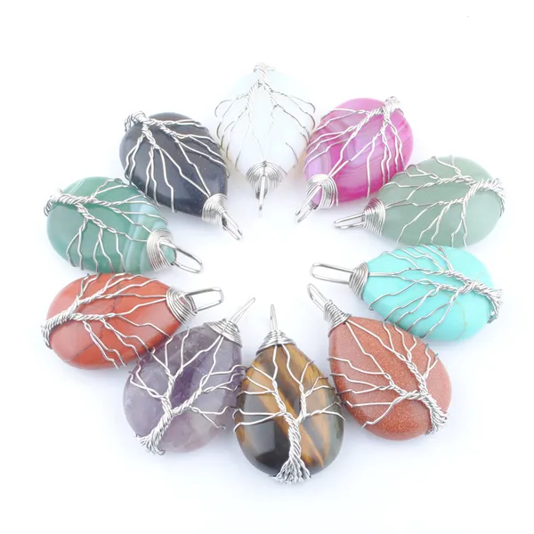 Mode Wassertropfen Baum des Lebens Anhänger Silvers Farbe Wire Wrap Weave Naturstein Perlen Charms Reiki Schmuck BN442